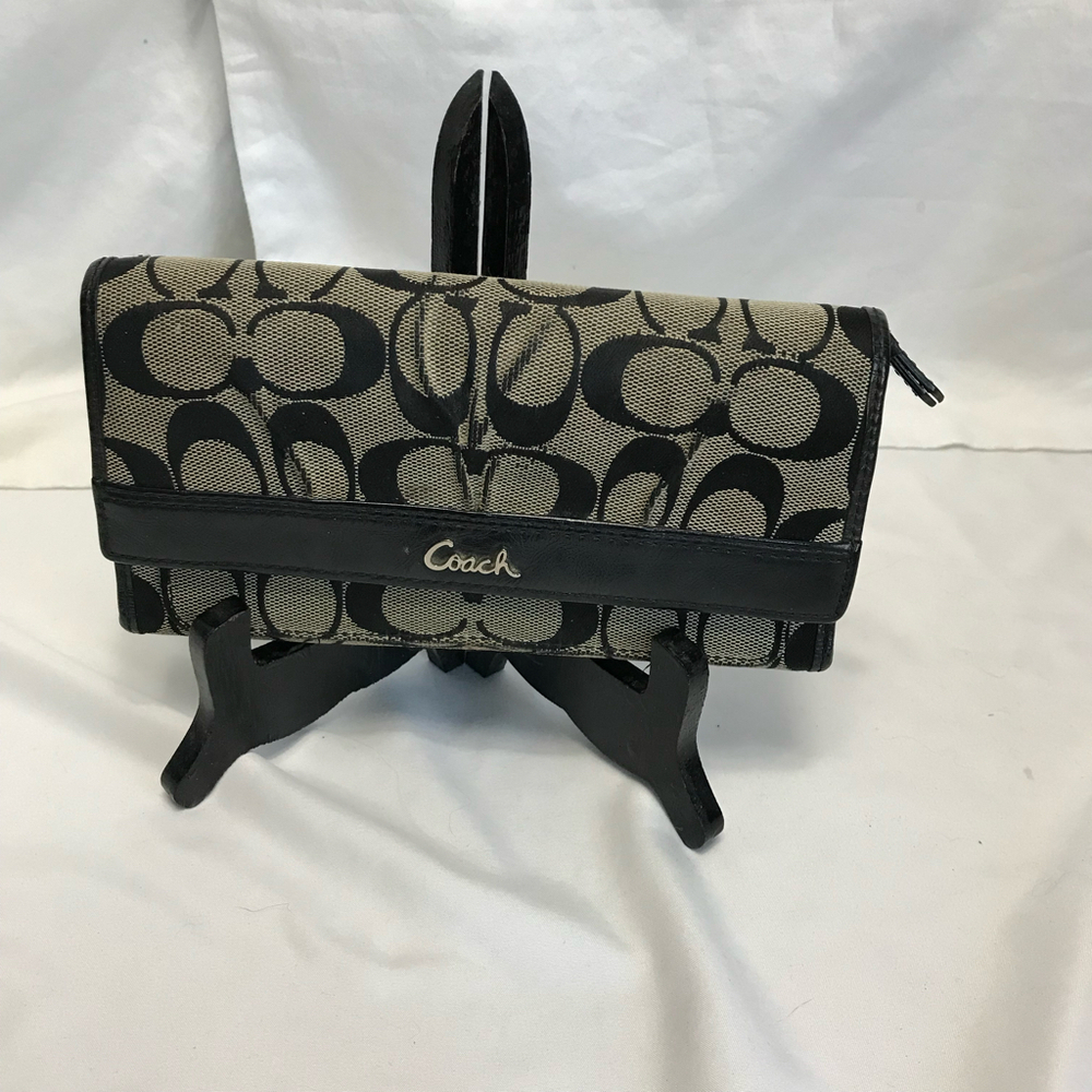 Coach Monogram Pleated Jacquard Gray & Black Canvas and Leather Long Wallet